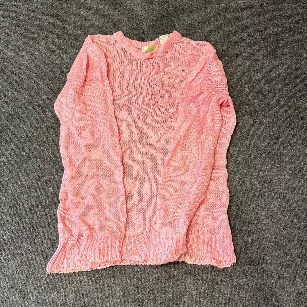 Mister Noah Sweater Womens Size 22W Pink Open Knit Floral Beaded Long Sleeve Top